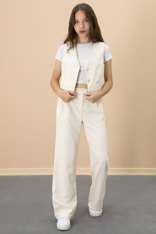 Krem V Yaka Düğmeli Yelekli Geniş Paça Pantolonlu Kız Çocuk 2li Takım 20722