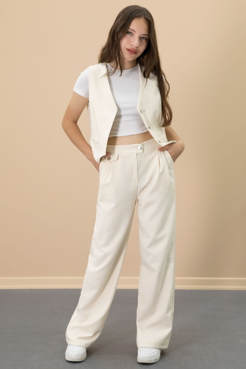 Krem V Yaka Düğmeli Yelekli Geniş Paça Pantolonlu Kız Çocuk 2li Takım 20722