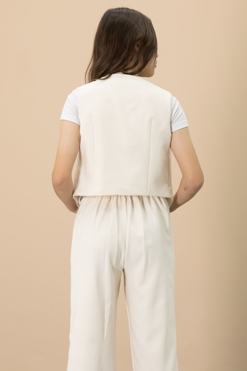 Krem V Yaka Düğmeli Yelekli Geniş Paça Pantolonlu Kız Çocuk 2li Takım 20722