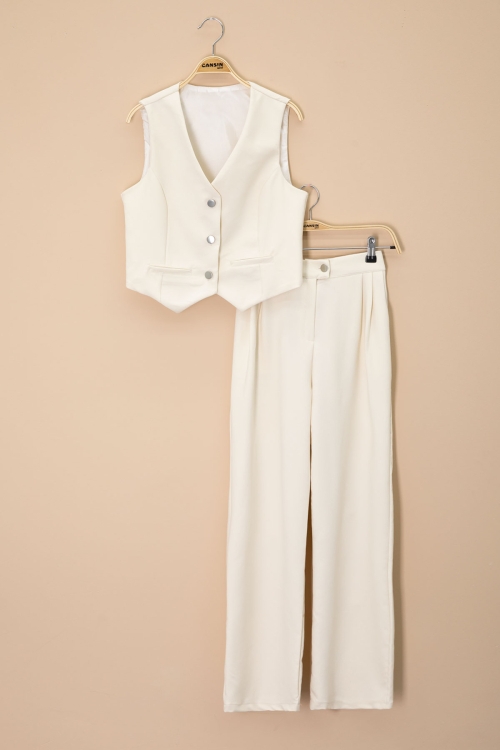 Krem V Yaka Düğmeli Yelekli Geniş Paça Pantolonlu Kız Çocuk 2li Takım 20722