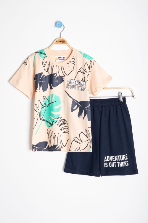 Krem Yaprak Baskılı Bisiklet Yaka Erkek Çocuk 2li Şortlu Takım 21058