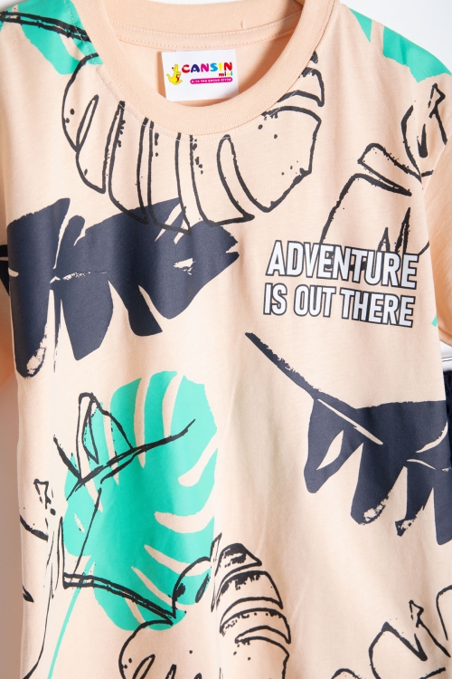 Krem Yaprak Baskılı Bisiklet Yaka Erkek Çocuk 2li Şortlu Takım 21058