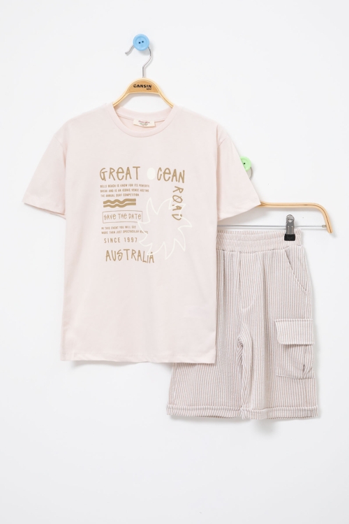 Krem Yazı Baskılı Tişörtlü Çizgili Şortlu Erkek Çocuk 2li Takım 21079