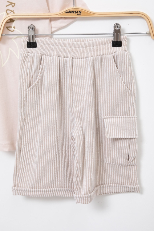 Krem Yazı Baskılı Tişörtlü Çizgili Şortlu Erkek Çocuk 2li Takım 21079