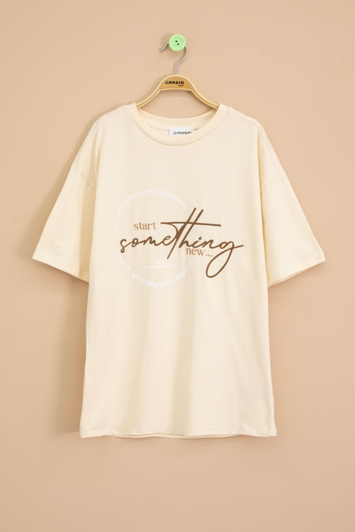 Krem Yazı Nakışlı Sırtı Baskılı Erkek Çocuk Bisiklet Yaka Tişört 20898