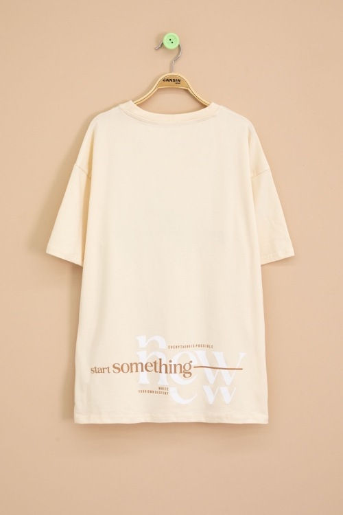 Krem Yazı Nakışlı Sırtı Baskılı Erkek Çocuk Bisiklet Yaka Tişört 20898