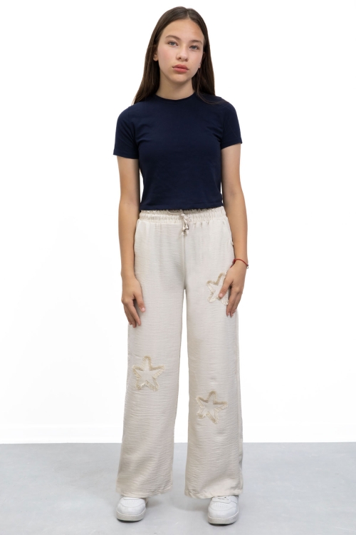 Krem Yıldız Nakışlı Geniş Paça Rahat Kumaş Kız Çocuk Pantolon 21147