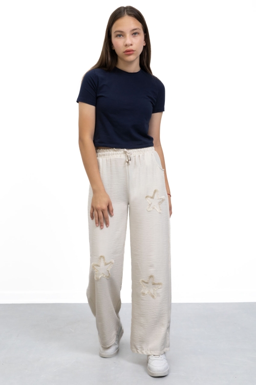 Krem Yıldız Nakışlı Geniş Paça Rahat Kumaş Kız Çocuk Pantolon 21147