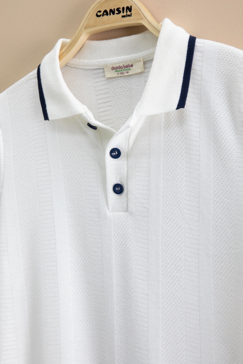 Lacivert Çizgi Desenli Polo Yaka Düğmeli Erkek Çocuk Şortlu 2li Takım 21117