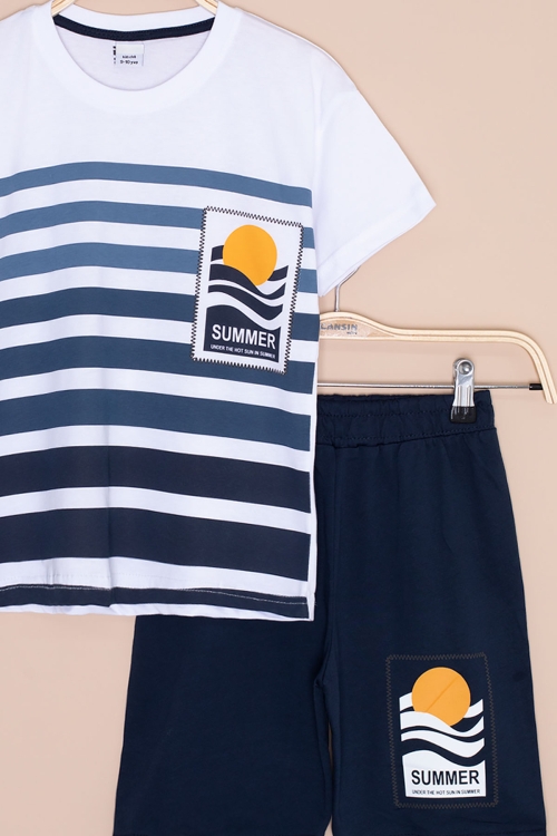 Lacivert Çizgi Desenli Summer Baskı Erkek Çocuk Şortlu Takım 20647