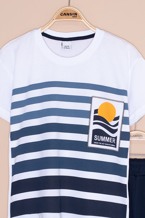 Lacivert Çizgi Desenli Summer Baskı Erkek Çocuk Şortlu Takım 20647