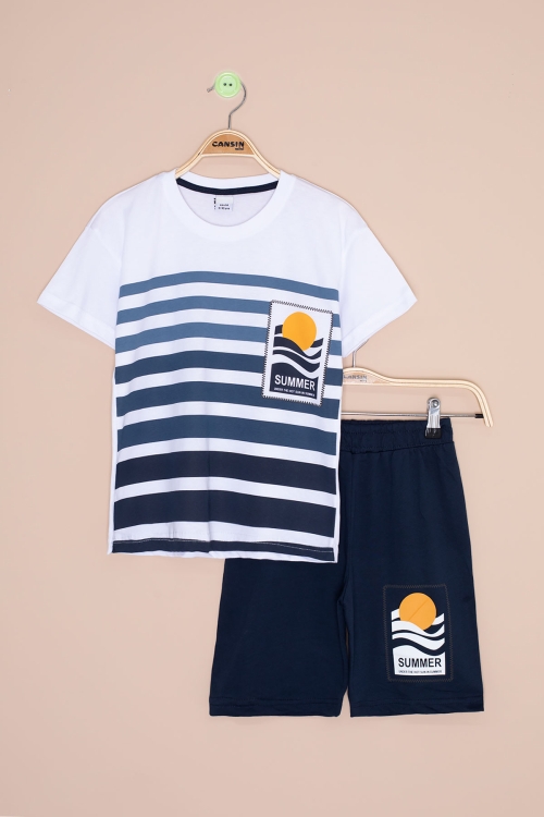 Lacivert Çizgi Desenli Summer Baskı Erkek Çocuk Şortlu Takım 20647