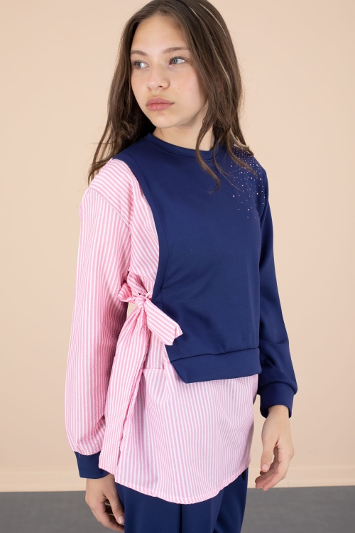 Lacivert Çizgi Desenli Taş Detaylı Bluzlu Kız Çocuk Kuşaklı Pantolonlu 2li Takım 20662