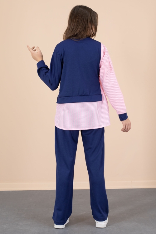 Lacivert Çizgi Desenli Taş Detaylı Bluzlu Kız Çocuk Kuşaklı Pantolonlu 2li Takım 20662