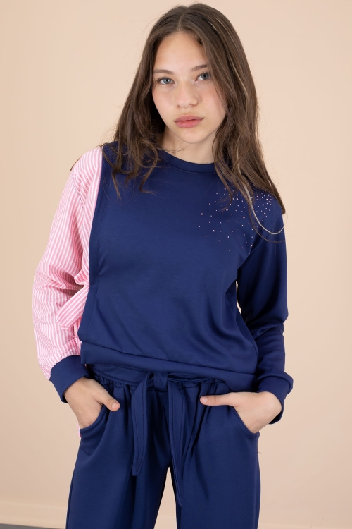 Lacivert Çizgi Desenli Taş Detaylı Bluzlu Kız Çocuk Kuşaklı Pantolonlu 2li Takım 20662