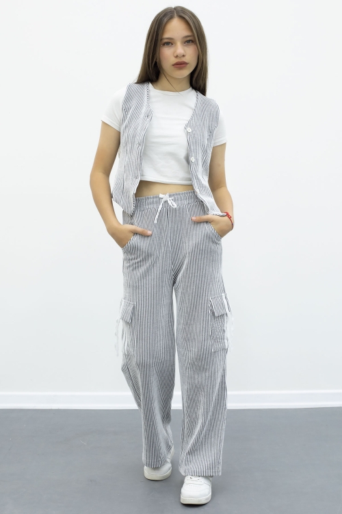 Lacivert Çizgili Düğmeli Yelekli Kargo Cepli Pantolonlu Kız Çocuk 2li Takım 21016