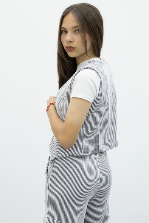 Lacivert Çizgili Düğmeli Yelekli Kargo Cepli Pantolonlu Kız Çocuk 2li Takım 21016