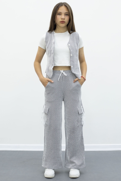 Lacivert Çizgili Düğmeli Yelekli Kargo Cepli Pantolonlu Kız Çocuk 2li Takım 21016