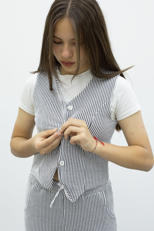 Lacivert Çizgili Düğmeli Yelekli Kargo Cepli Pantolonlu Kız Çocuk 2li Takım 21016