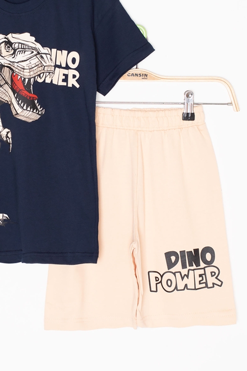 Lacivert Dino Baskılı Yazılı Erkek Çocuk Şortlu Alt Üst Takım 20618