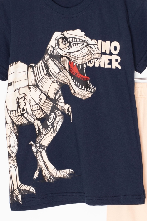 Lacivert Dino Baskılı Yazılı Erkek Çocuk Şortlu Alt Üst Takım 20618