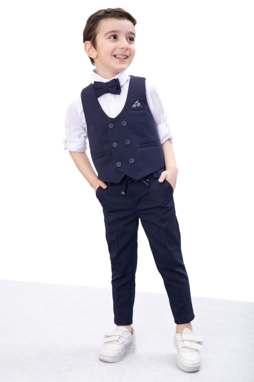 Lacivert Düğmeli Yelekli Papyonlu Gömlekli Erkek Çocuk 4lü Takım Elbise 20543