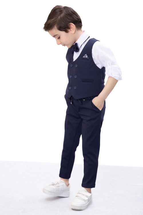 Lacivert Düğmeli Yelekli Papyonlu Gömlekli Erkek Çocuk 4lü Takım Elbise 20543