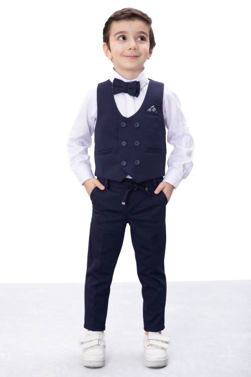 Lacivert Düğmeli Yelekli Papyonlu Gömlekli Erkek Çocuk 4lü Takım Elbise 20543