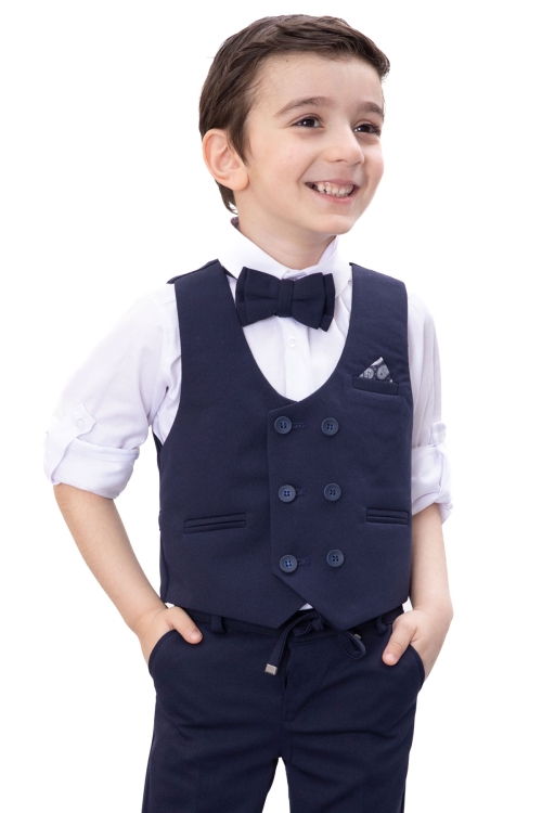 Lacivert Düğmeli Yelekli Papyonlu Gömlekli Erkek Çocuk 4lü Takım Elbise 20543