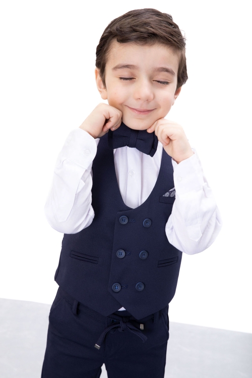 Lacivert Düğmeli Yelekli Papyonlu Gömlekli Erkek Çocuk 4lü Takım Elbise 20543