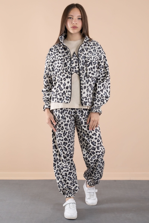 Lacivert Leopar Desenli Paraşüt Ceketli Bisiklet Yaka Tişörtlü Kız Çocuk 3lü Takım 20638