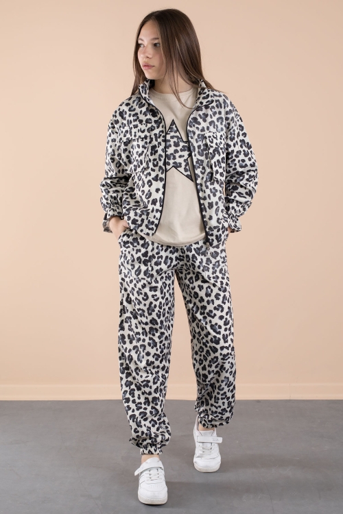 Lacivert Leopar Desenli Paraşüt Ceketli Bisiklet Yaka Tişörtlü Kız Çocuk 3lü Takım 20638