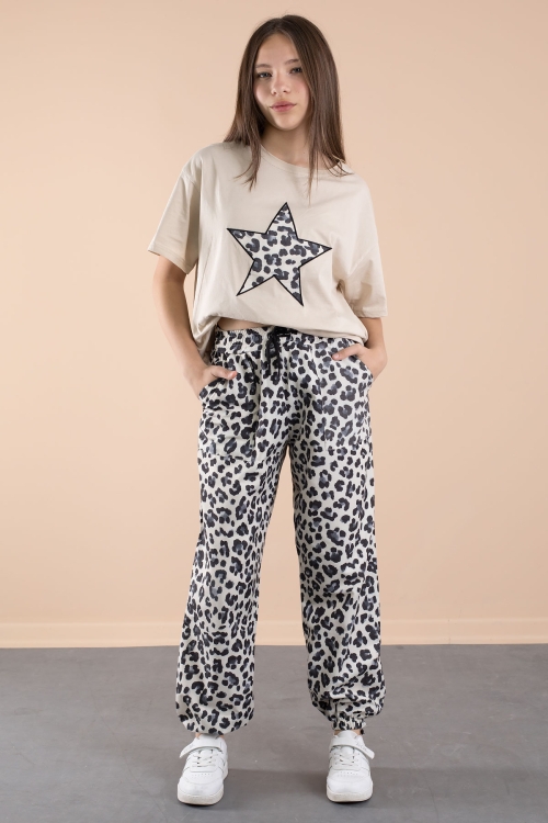 Lacivert Leopar Desenli Paraşüt Ceketli Bisiklet Yaka Tişörtlü Kız Çocuk 3lü Takım 20638