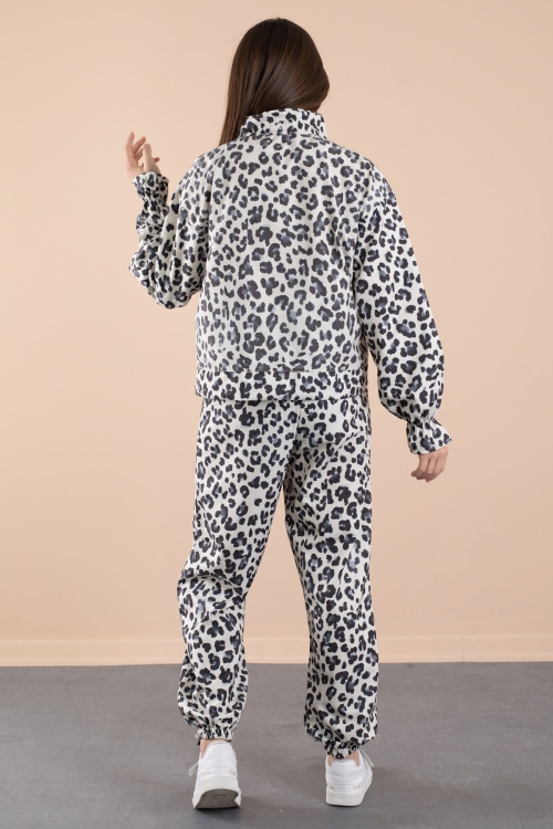 Lacivert Leopar Desenli Paraşüt Ceketli Bisiklet Yaka Tişörtlü Kız Çocuk 3lü Takım 20638