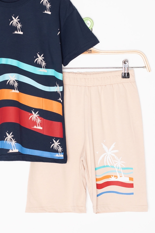 Lacivert Palmiye Desenli Bisiklet Yaka Erkek Çocuk Şortlu Takım 20627