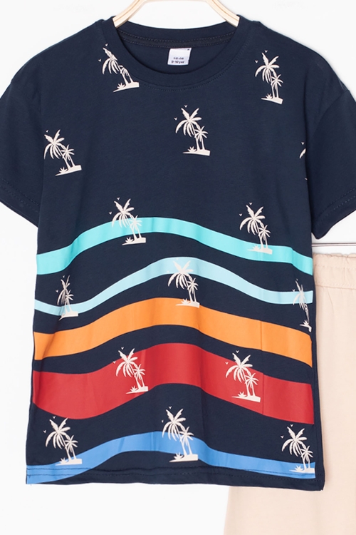 Lacivert Palmiye Desenli Bisiklet Yaka Erkek Çocuk Şortlu Takım 20627