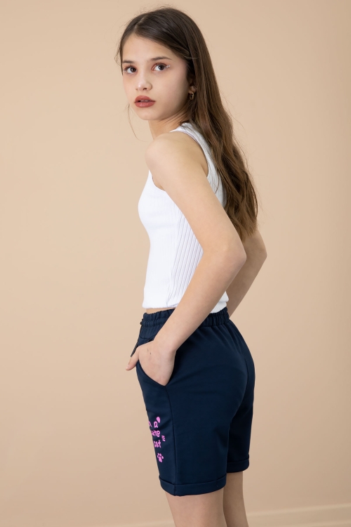 Lacivert Patili Cute Baskılı Kız Çocuk Beli Lastikli Şort 20732