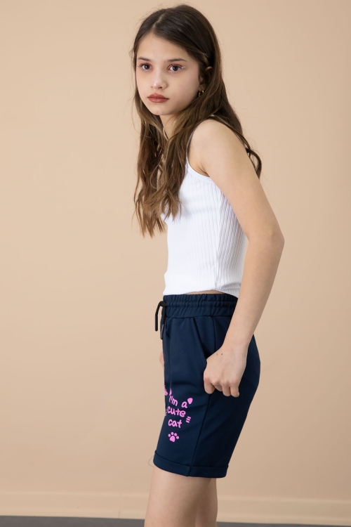 Lacivert Patili Cute Baskılı Kız Çocuk Beli Lastikli Şort 20732
