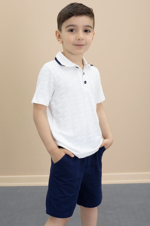 Lacivert Polo Yaka Düğmeli Tişörtlü Erkek Çocuk Şortlu 2li Takım 21105