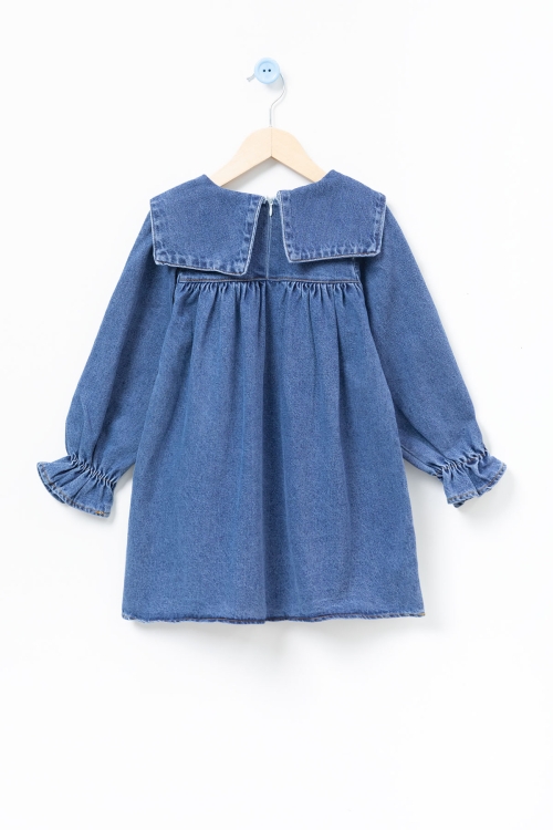 Lacivert Yaka Papatya Nakışlı Uzun Kol Kız Çocuk Jean Elbise 20689