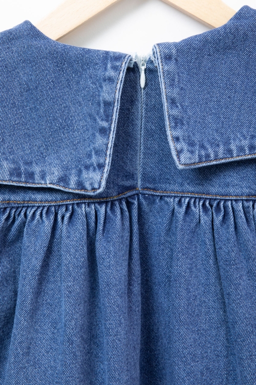 Lacivert Yaka Papatya Nakışlı Uzun Kol Kız Çocuk Jean Elbise 20689