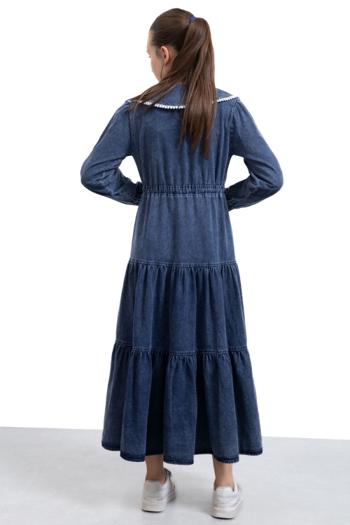 Lacivert Yakası Dantel Detaylı Uzun Kol Kız Çocuk Jean Elbise 21135