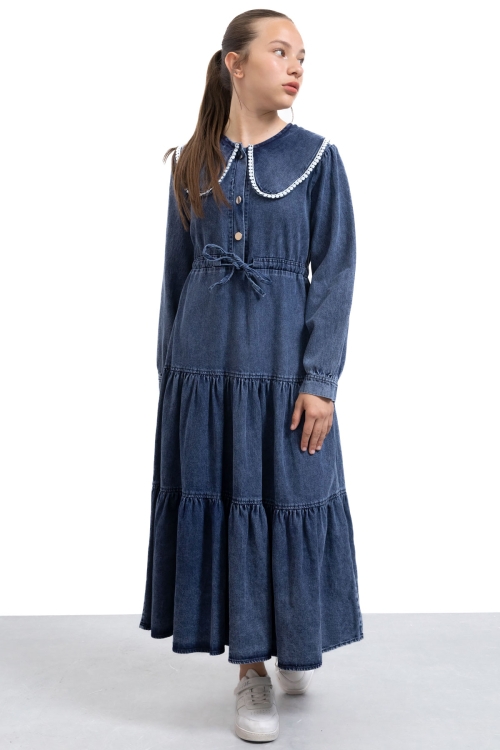 Lacivert Yakası Dantel Detaylı Uzun Kol Kız Çocuk Jean Elbise 21135