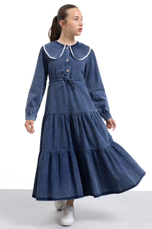Lacivert Yakası Dantel Detaylı Uzun Kol Kız Çocuk Jean Elbise 21135