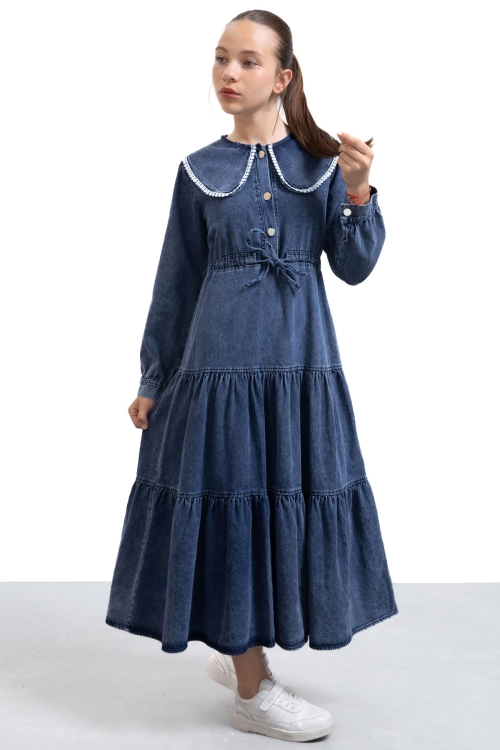 Lacivert Yakası Dantel Detaylı Uzun Kol Kız Çocuk Jean Elbise 21135