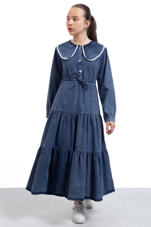 Lacivert Yakası Dantel Detaylı Uzun Kol Kız Çocuk Jean Elbise 21135