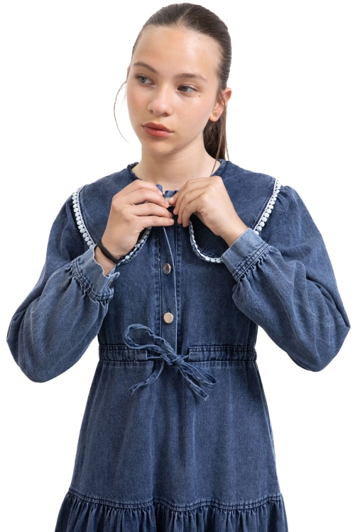 Lacivert Yakası Dantel Detaylı Uzun Kol Kız Çocuk Jean Elbise 21135