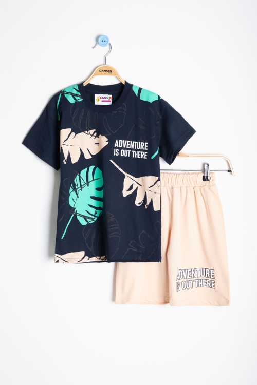 Lacivert  Yaprak Baskılı Bisiklet Yaka Erkek Çocuk 2li Şortlu Takım 21057