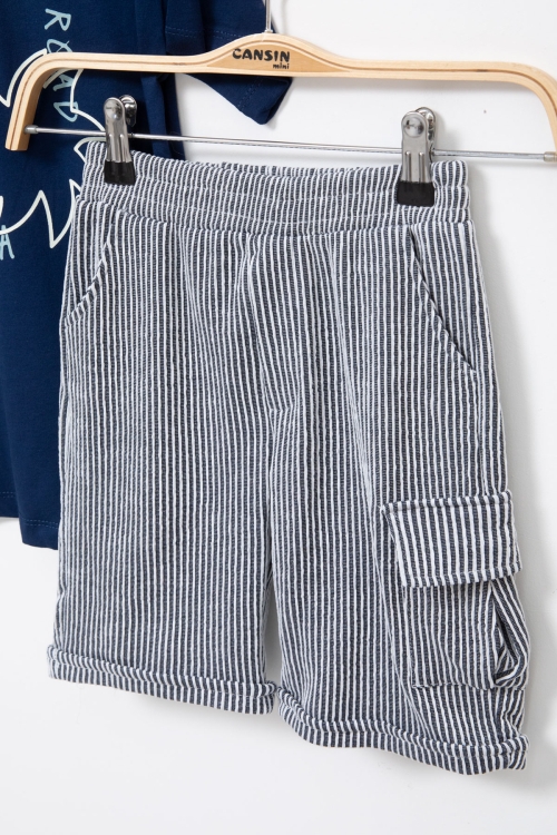 Lacivert Yazı Baskılı Tişörtlü Çizgili Şortlu Erkek Çocuk 2li Takım 21077