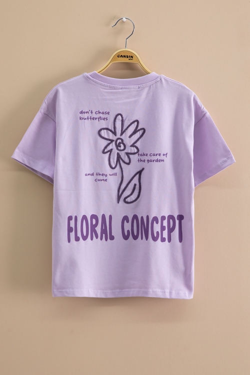 Lila Çiçek Baskılı Sırtı Yazılı Kız Çocuk Bisiklet Yaka Tişört 20966